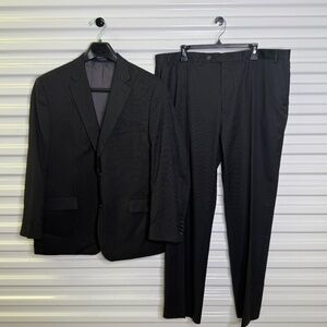 American Living Two Pc Blk/Gry Pin Striped Two Bttn Suit 46R 42Wx32L Wool Blend
